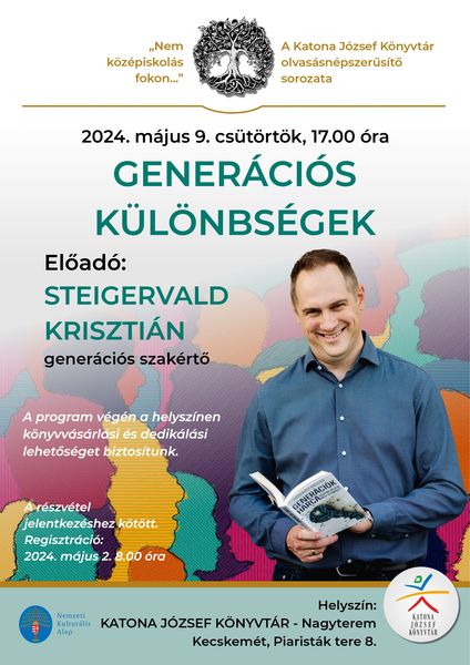 "Nem középiskolás fokon..." A Katona József Könyvtár olvasásnépszerűsítő sorozata 2024. május 9. csütörtök 17.00 óra Generációs különbségek Előadó: Steigervald Krisztián generációs szakértő A program végén a helyszínen könyvvásárlási és dedikálási lehetőséget biztosítunk. A részvétel jelentkezéshez kötött. Regisztráció: 2024. május 2. 8.00 óra